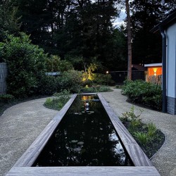 Tuin met vijver in de avond